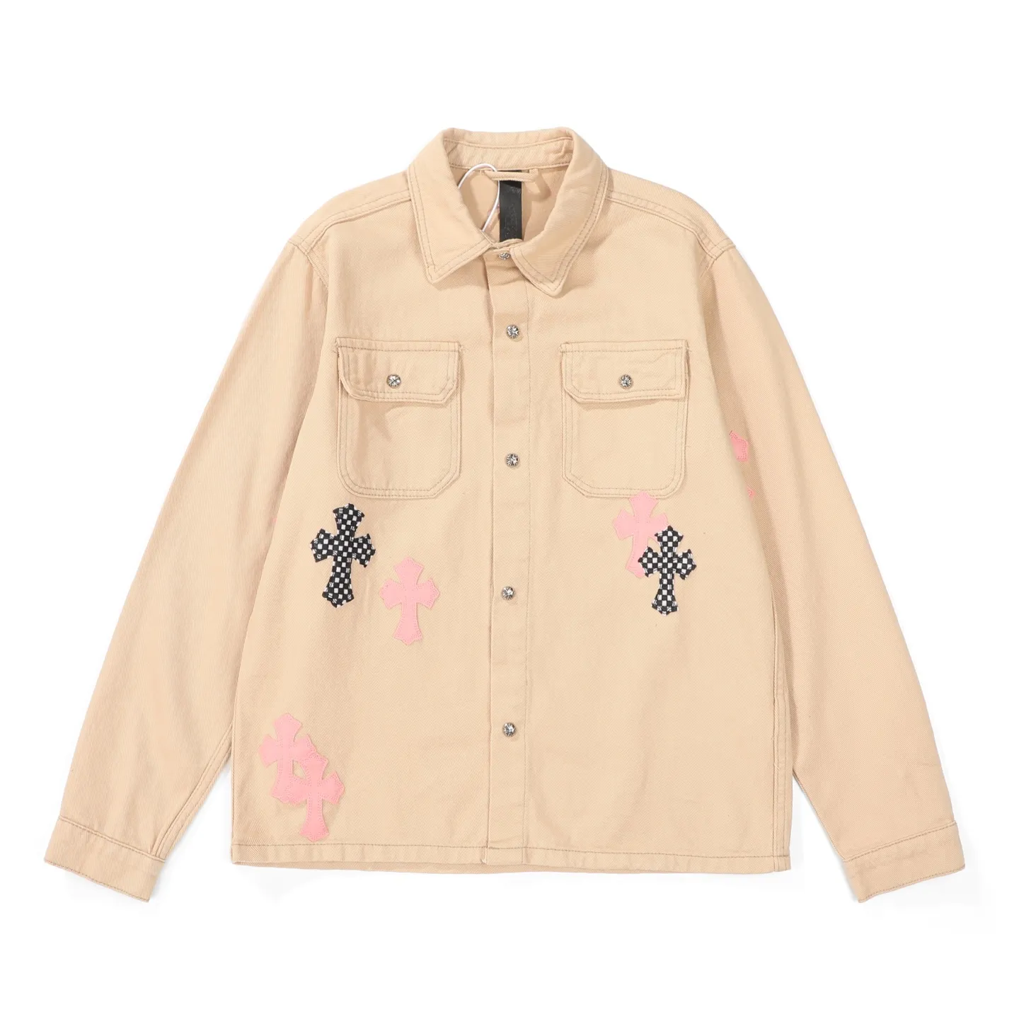 P260 Chrome Hearts丨Chloe Hearts 25ss Cherry Blossom Pink Leather Jacket Same Style for Men and Women WorkDog Pink Leather Jacket, a timeless workwear series. The fabric is made of custom-woven high-density canvas, which took more than two months. It was subsequently lightly coated to give the whole body a glossy look~ Zero color difference was achieved, and the fabric texture details were all in place! The crosses of the accessories are all genuine sheepskin, hand-stitched! The actual texture is better, the upper body is stiff, and it is OK for both men and women. The dark cross leather element has its own aura and can be worn with any outfit to slay the audience! Let you easily control the rate of return! The cross stitching is all lambskin, the inner leather is first-layer calfskin, the hardware is silver-plated, and the details are full. Size: S/M/L/XL Length: 66/68/70/72 Bust: 55/57.5/60/62.5 Shoulder width: 45.5/47.5/49.5/51.5 Sleeve length: 62/63/64/65